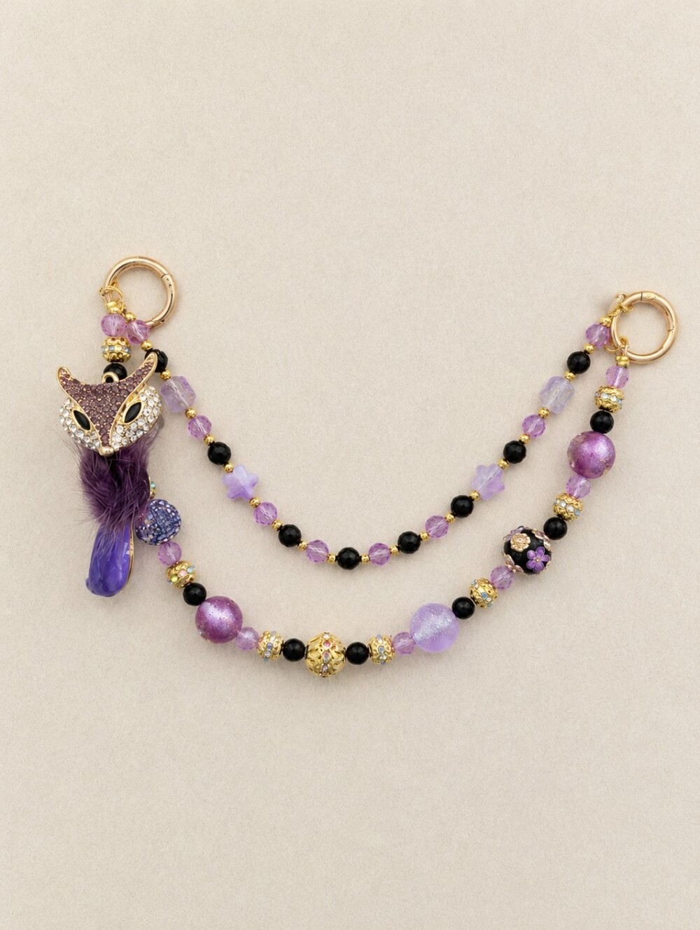 Fox Bag Charm & Phone Chain – Purple Beaded Keychain with Moving Tail